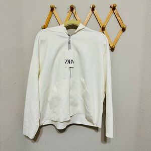 NWT! Zara White Viscose Blend Zip Up Oversized Hoodie Size S